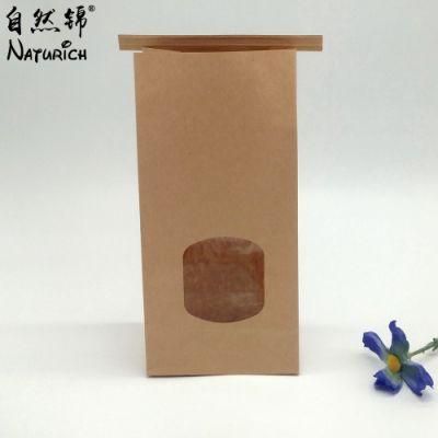 Square Block Flat Bottom Gusset Coffee Bean Cookie Tin Tie Kraft Paper Bag with Window