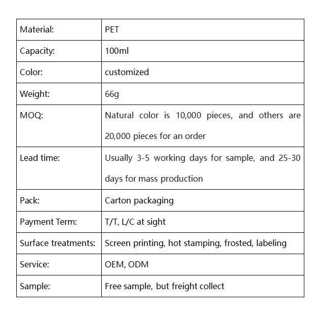 Cosmetic Bottle 100ml Pet Plastic Jar with Cap and Gasket