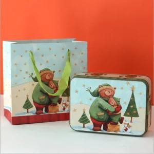 Christmas Stock Tinplate Square Christmas Gift Box Santa Claus Printed Christmas Tin Box 18.7X13.2X6.7cm Candy Box for Kids