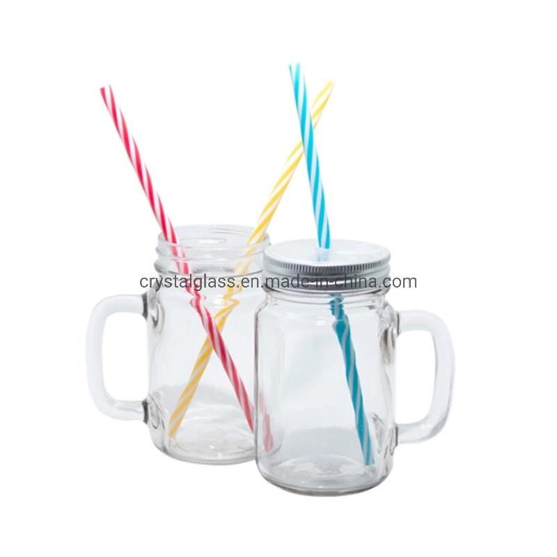 16oz 480ml Transparent Empty Glass Mason Jar with Handle and Straw for Beer or Beverage Drinking