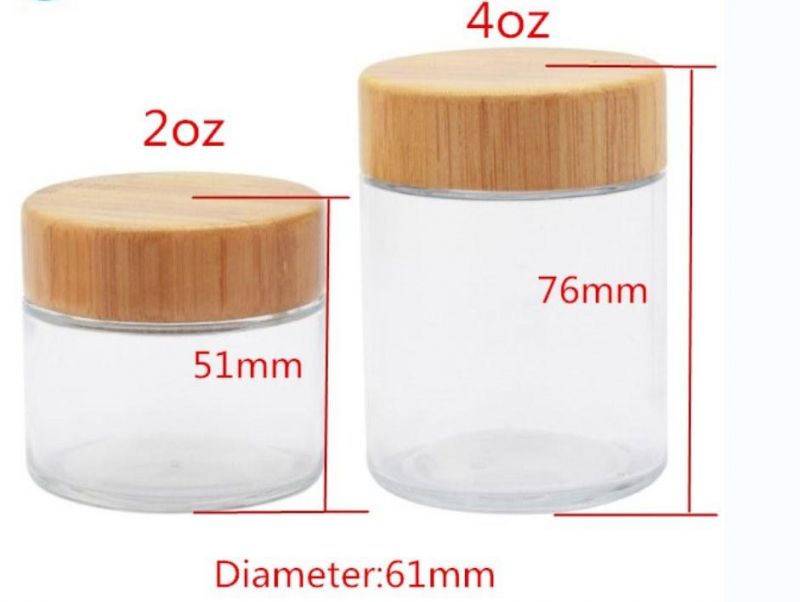 Wholesale 1g 3G 5g 2oz 4oz Luxury Clear Straight Sided Bamboo Cap Cosmetic Food Wax Packaging Glass Jar with Bamboo Child Proof Lid