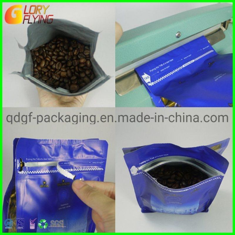 Flat Bottom Coffee Bag Food Packaging Plastic Bag with Zipper