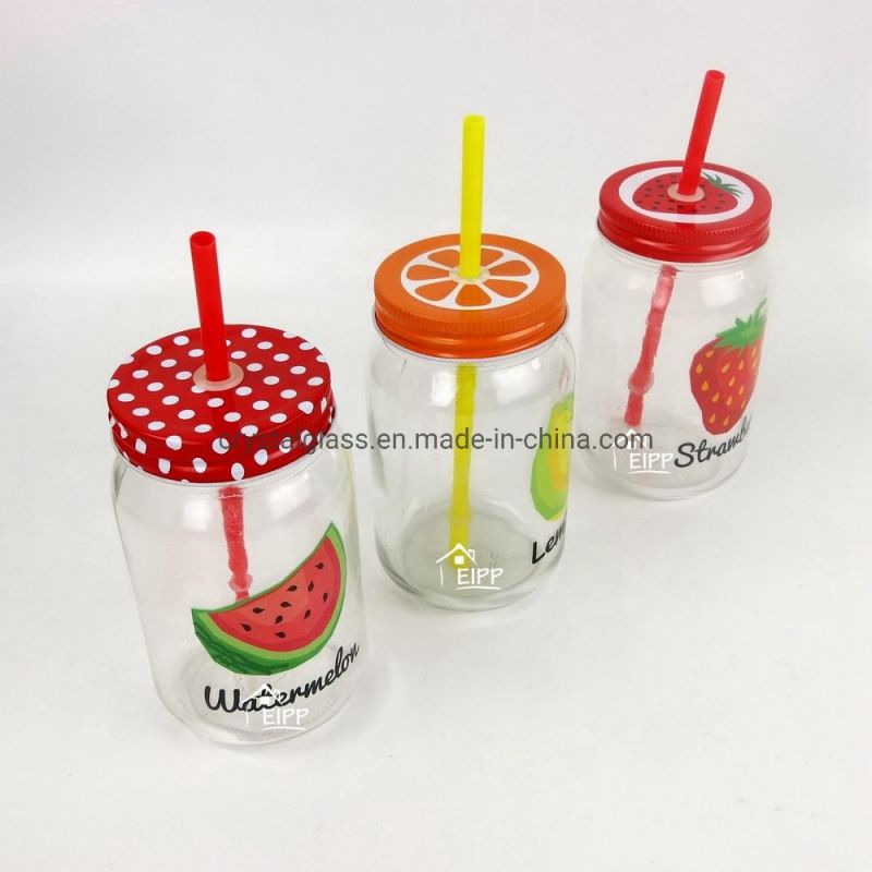 Wholesale 16oz Costom Logo Fruit Pattern Decal Wide Mouth Glass Mason Jar with Lid and Straw