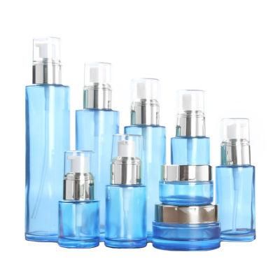 Clear Blue Color Glass Lotion Pump Bottle Cosmetic Cream Jar Blue Glass Spray Bottle