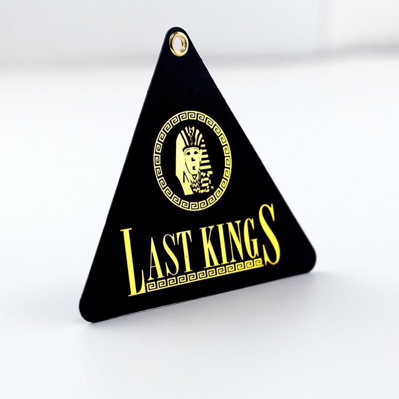 Custom High Quality Hot Stamping Triangle Black Paper Hang Tag with Eyelet