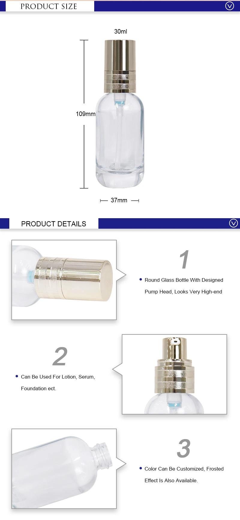 30ml China Supplier Luxury Cosmetic Packaging Round Glass Bottle with Golden Effect Pump Head