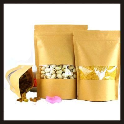 Wholesales Kraft Paper Standing Ziplock Food Packaging Bags with Clear Window for Biscuit, Candy, Seeds, Spice, Tea, Dry Food (23*35+5cm)