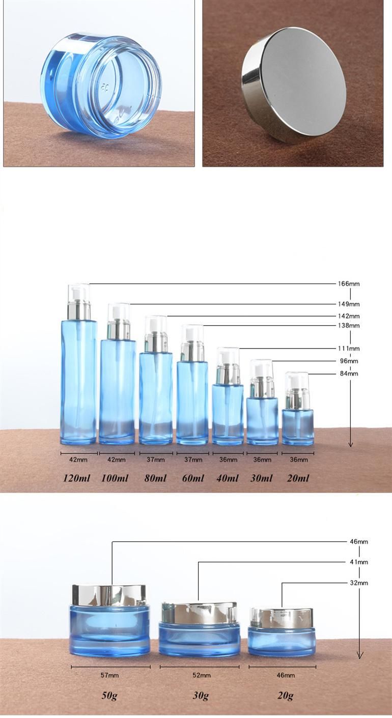 Clear Blue Color Glass Lotion Pump Bottle Cosmetic Cream Jar Blue Glass Spray Bottle