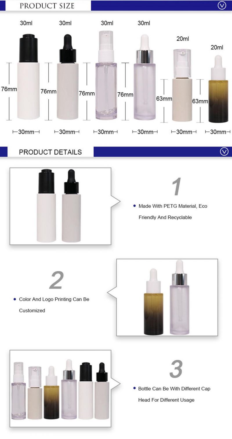 Skincare Packaging PETG 20ml 30ml Heavy Wall Clear Plastic Serum Lotion Bottle with Dropper or Pump