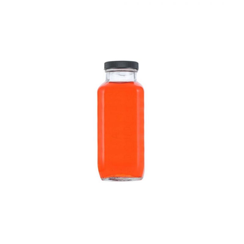 Wide Mouth French Square 16oz Beverage, Juice, Glass Bottles with Lid