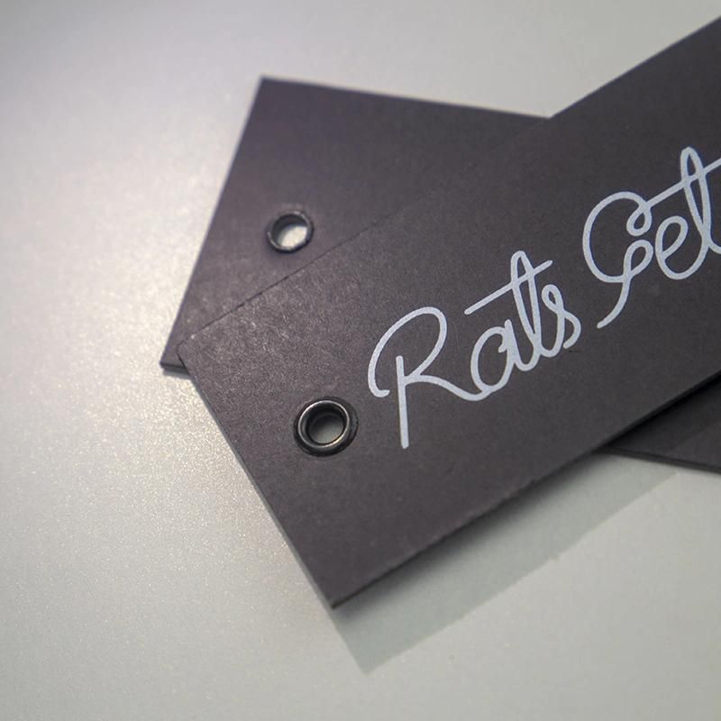 High Quality Black Kraft Paper Printed Silver Logo Brand Name Double Hangtag