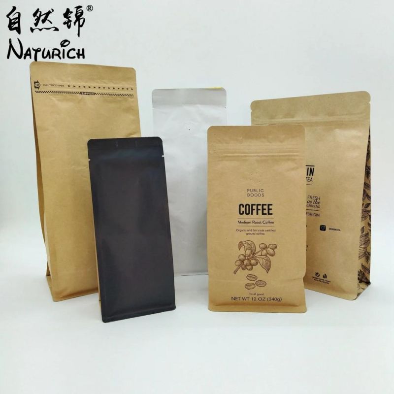 Eco Kraft Paper Zipper Flat Bottom Coffee Pouch Biodegradable Zip Lock Food Packaging Bag