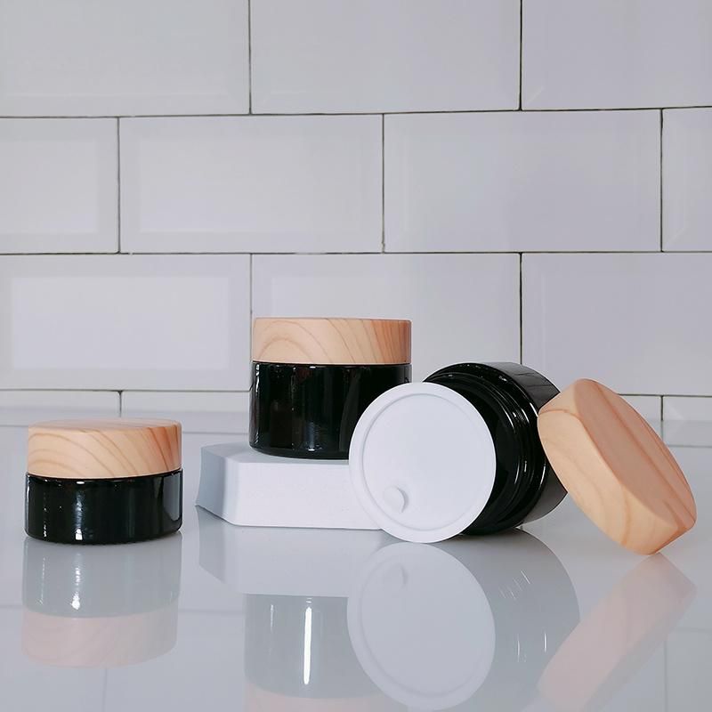 Cosmetic Packaging Container 20g 30g 50g Black Body Scrub Face Body Cream Glass Jar with Wood Grain Plastic Lids