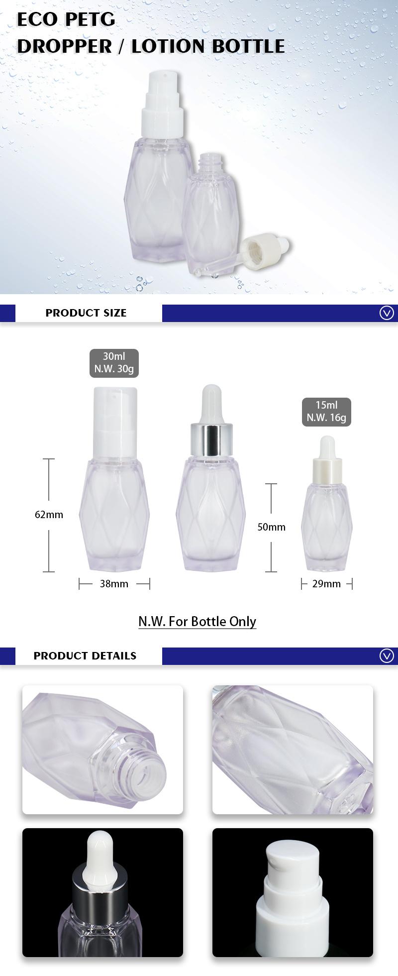 Wholesale PETG Plastic Diamond Lotion or Dropper Bottle for Oil Serum 15ml 30ml