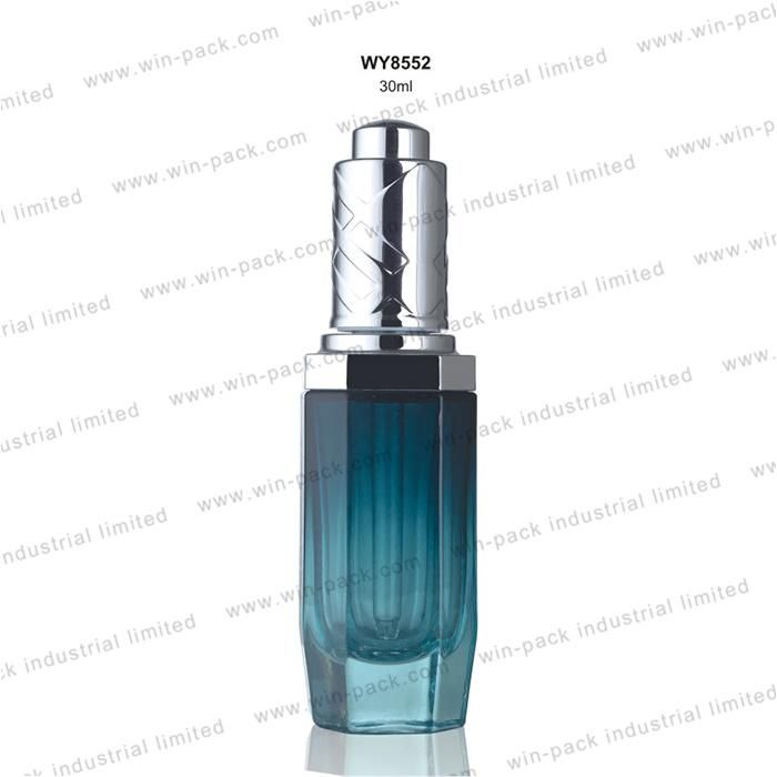 Transparent Gradient Blue Color Polyhedral Dropper Container Alum Collar 30ml Luxury Shiny Silver Dropper Serum Bottle