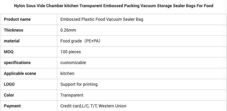 in Stock BPA Free Nylon Sous Vide Chamber Kitchen Transparent Embossed Packing Vacuum Storage Sealer Bags for Food