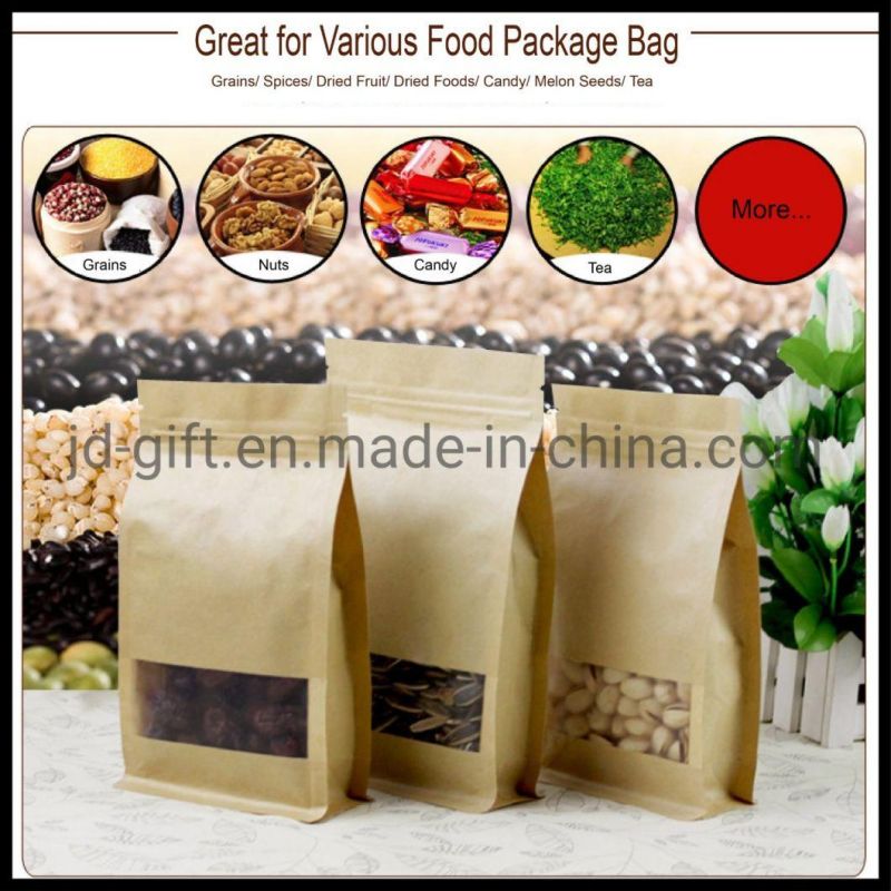 Wholesales Kraft Flat-Bottom Stand-up Foodpackage Bag with Zipper and Window for Snack Cookie Candy