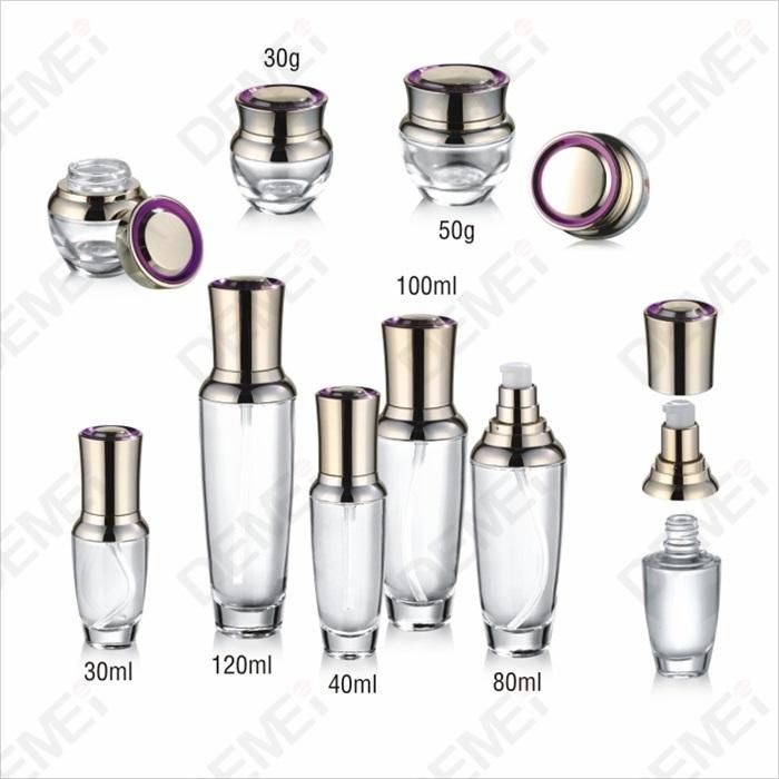 30/40/80/100/120ml 30/50g Cosmetic Skin Care Packaging Clear Conical Toner Lotion Glass Bottle and Cream Jar with Gold ABS Cap