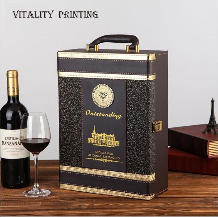 Custom Wholesale Embossed Handle Portable Hot Stamping Heat Transfer Wooden PU Leather Wine Gift Packaging Rum Brandy Gin Vermouth Whisky Liquor Packing Box