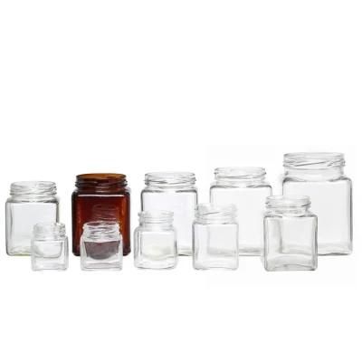 Custom Clear Food Storage Glass Honey Square Glass Jar with Metal Lids