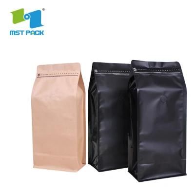 Custo Compostable One-Way Valve Mylar Coffee Pouch Flat Bottom Side Gusset Biodegradable Coffee Packaging Bag with Al Foil Ziplock