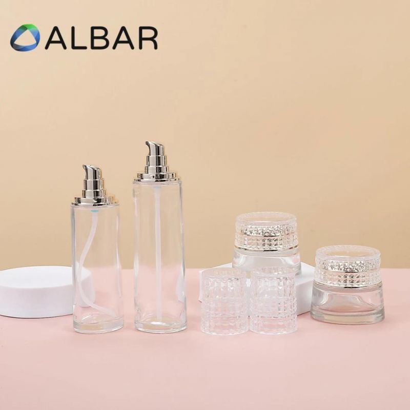 100ml 120ml Flat Shoulder Lotion Set Glass Bottles with Cream Jar 30g 50g with Cover Lids