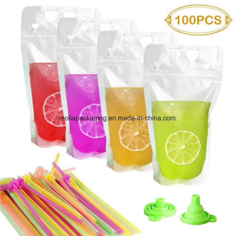 Clear Juice Sealed Drink Pouches Translucent Reclosable Hand Held Stand up Zipper Pouch with Plastic Straw Fruits Juice Plastic Bag