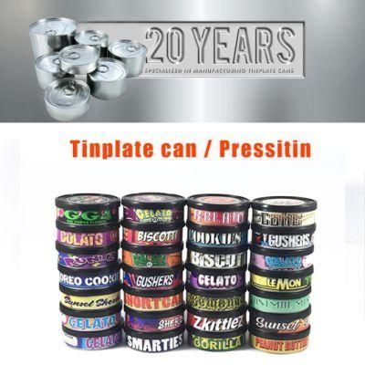 Wholesale 25 Flavors Pressitin Tin Cans 3.5g Weed Packaging Tin Can with Sticker