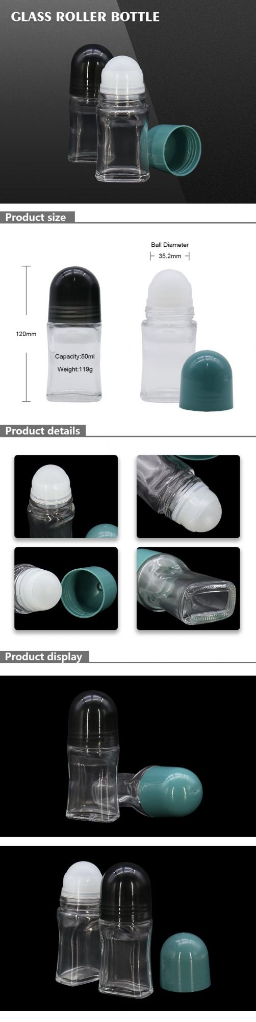 High Quality Empty Cosmetic Packaging 50ml Glass Roller Bottle for Fighting Bacteria and Inhibit Sweat Excretion