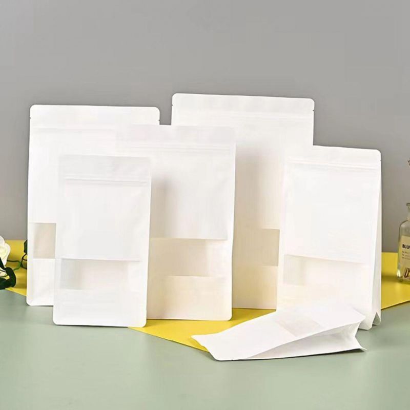 Quad Seal Flat Bottom White Kraft Paper Bag Dried Meat Packing Bag Food Bag