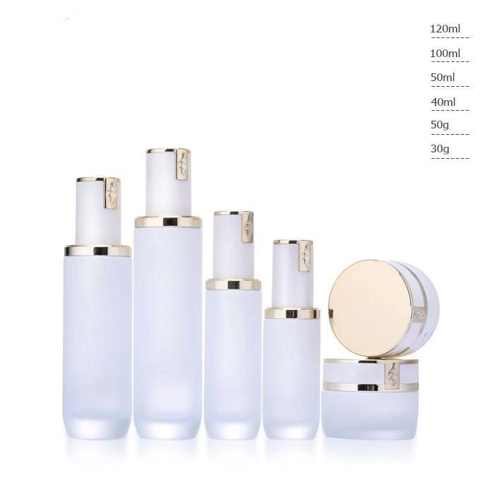 Ll10 Manufacturer Frosted Cream Jar Cosmetic Pump Glass Bottle Set with Water Printing Cap Have Stock