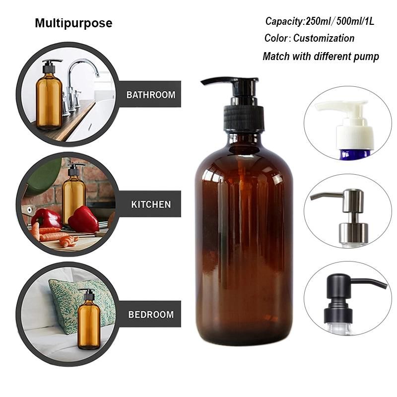 16 Oz 500ml 16oz Boston Round Frosted Leak Roof Hand Wash Liquid Dispenser Soap Glass Pump Bottle for Sale