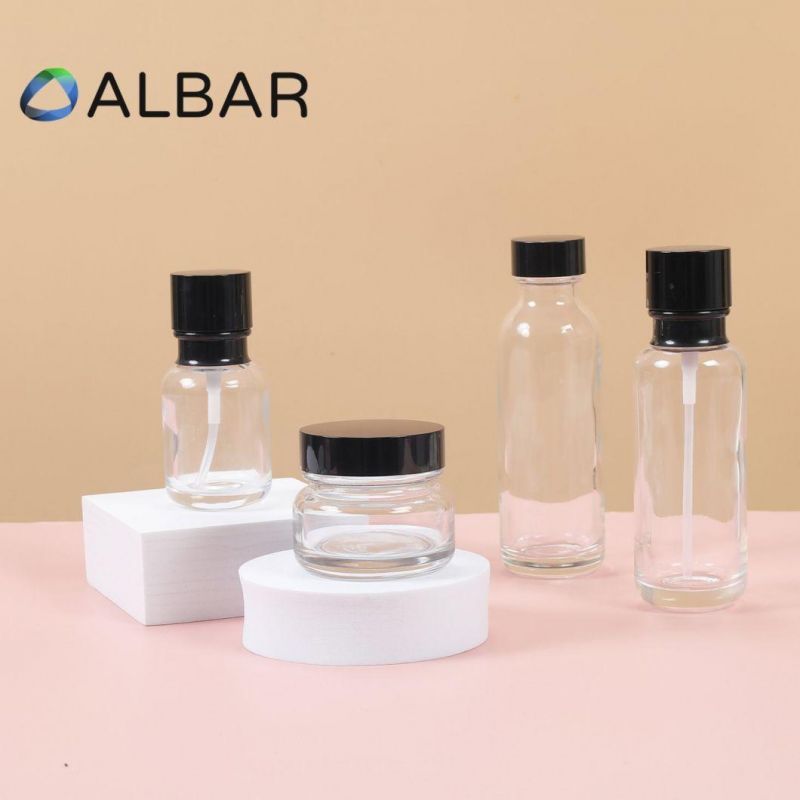 Press Pump Transparent Clear Glass Bottles in Black Lid Cover Cap for Skin Care