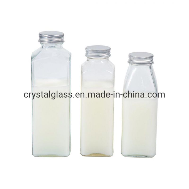 OEM Transparent Square Juice Glass Beverage Milk Bottles 300ml with Safety Cap 16oz