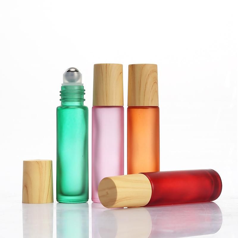 10ml Colorful Empty Glass Roll on Perfume Oil Lip Glass Roll on Bottle with Black Cap Wooden Cap