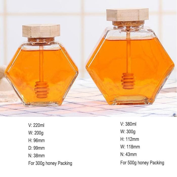 100ml 180ml 280ml Honey Bottle Glass Jar Hexagonal with Wooden Dipper