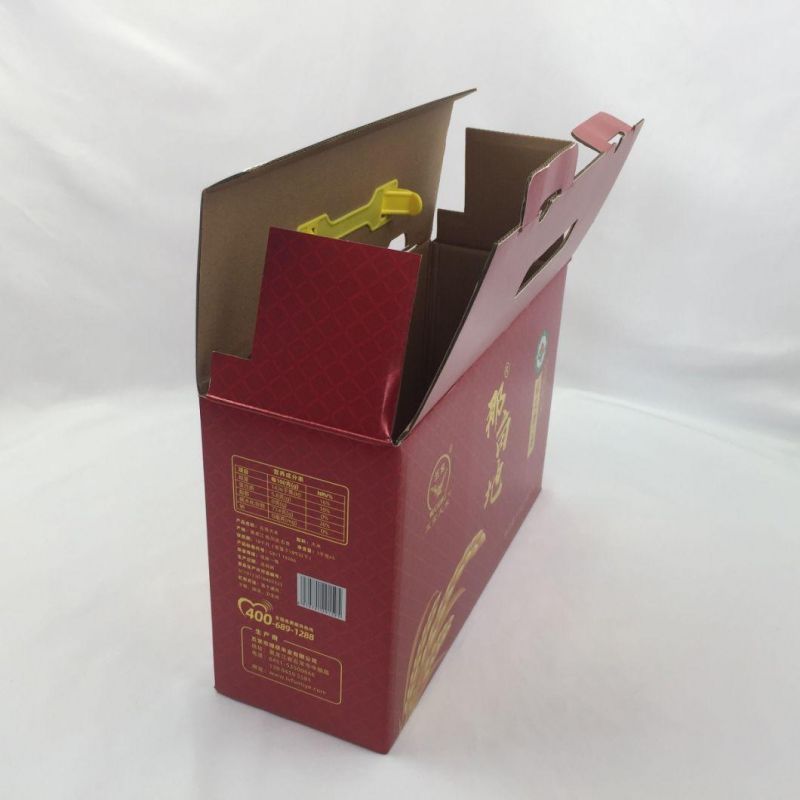 Good Quality Custom Full Color Printed Portable Corrugated Box with Plastic Handle for Food