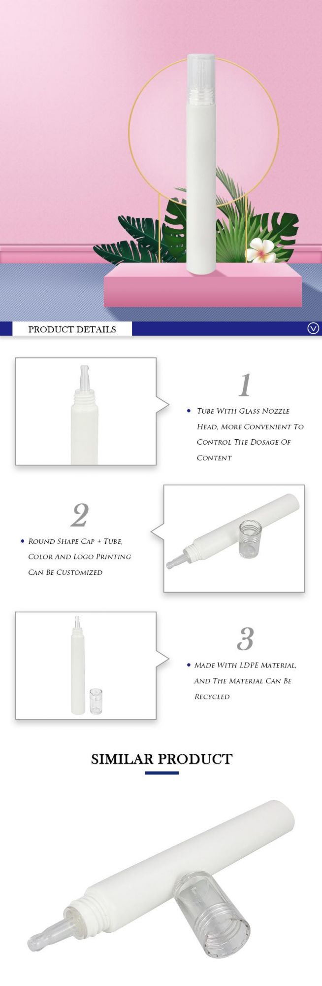 Empty Eco Friendly Cosmetic Packaging Plastic New Eye Cream Tube with Glass Nozzle Head with Cover