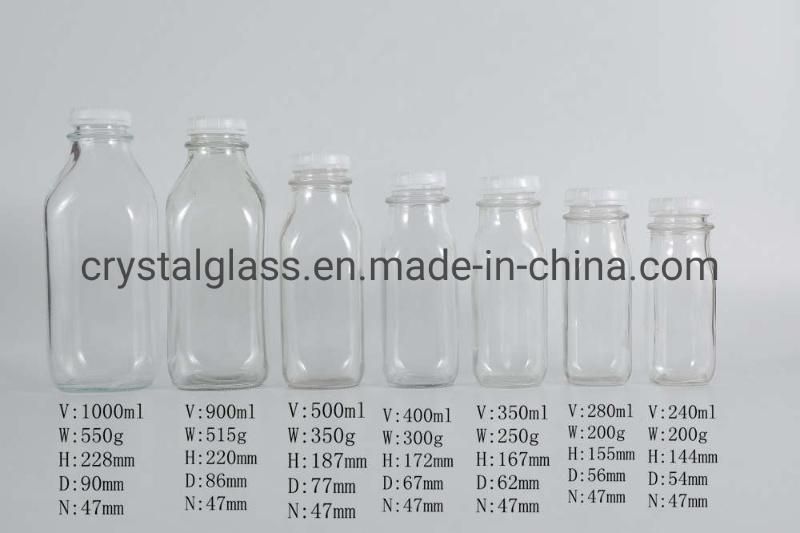 Hot Sale French Square 500ml Juice Glass Bottle with Plastic Cap 1000ml