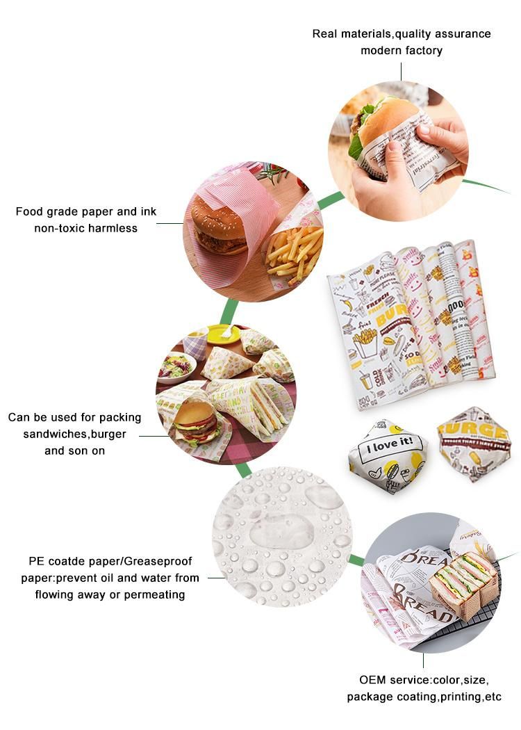 Wholesale Food Grade Burger Wrap Custom Design Size PE Coated Greaseproof Hamburger Packaging Sandwich Paper Food Wrapping Paper
