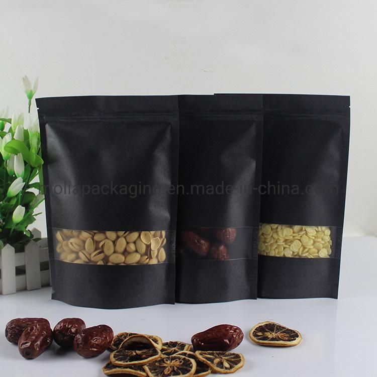 Kraft Black Paper Stand up Sealing Bags Food Grade with Zipper and Tear Notches/Clear Window