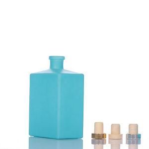 500ml Flat Square Empty Blue Glass Spirit Bottle with Wooden Stopper