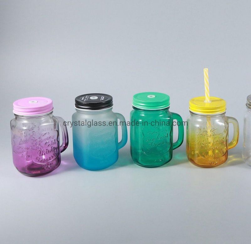 China Factory Wholesale 16oz Beverage Frosted Colours Glass Mason Jar with Handle