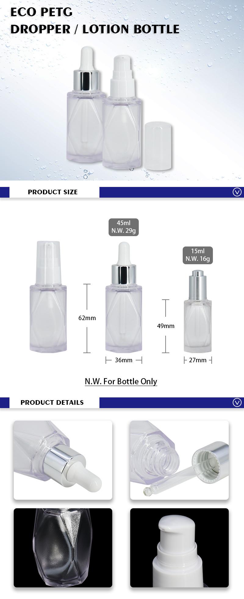 Fancy High Quality Eco PETG 45ml 15ml Cosmetic Plastic Rhomb Shape Cute Dropper Bottles