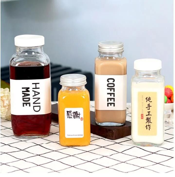 Hot Sell French Square Transparent Glass Bottle for Milk Beverage Juice with Plastic Screw Lid 80ml 250ml 350ml 500ml