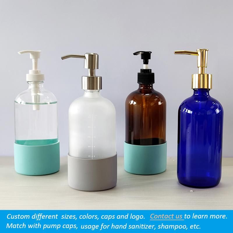 Sale 500ml 16oz Amber Boston Hand Sanitizer Dispenser Soap Glass Pump Bottle with Scale & Silicone Sleeve