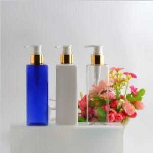 250ml Pet Plastic Square Shampoo Shower Gel Personal Care Cosmetic Bottle with Gold and Silver Lotion Pump