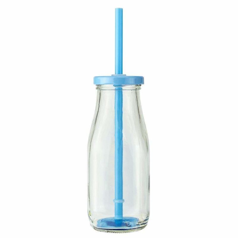 300ml Glass Milk Bottle Square-Round Tinplate Lid and Straw