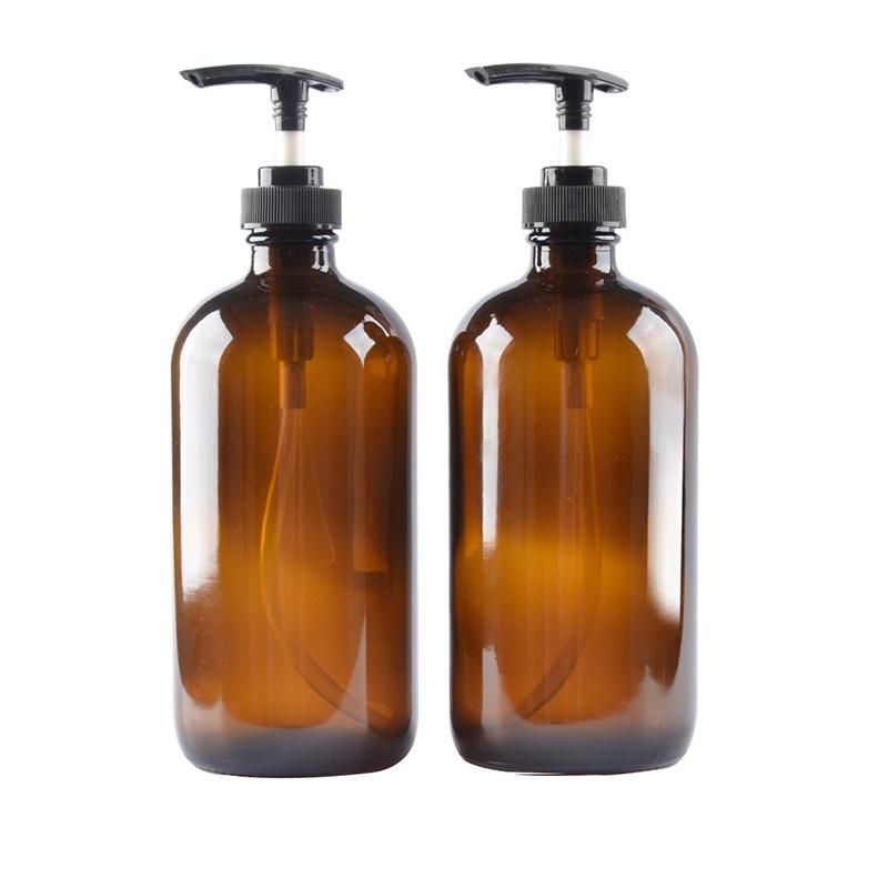 16oz Amber Round Glass Shampoo Bottle with Punp Cap