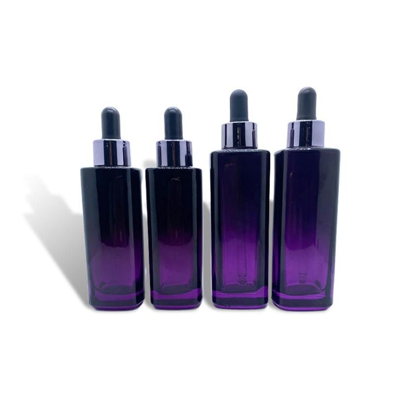 Luxury Fancy Square 50ml 75ml Dark Purple Empty High Flat Shoulder Frosted Hyaluronic Acid Packaging Bottle for Serum Glass